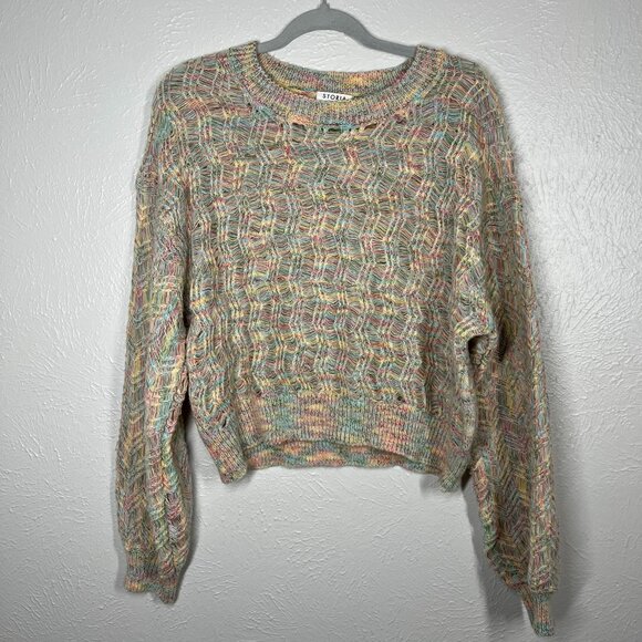 STORIA Chunky Rainbow Crew neck Knit Zig Zag Weave Sweater Sz. L - Picture 1 of 9